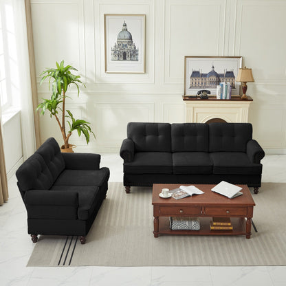 Set di 3 divani in ciniglia per soggiorno, rivestimento con bottoni e borchie, gambe in legno massello di gomma