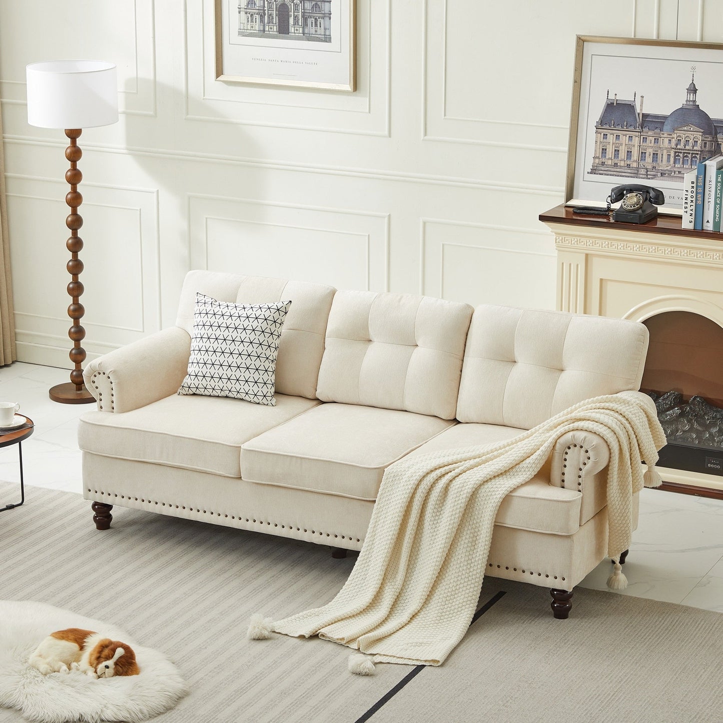 Set di 3 divani in ciniglia per soggiorno, rivestimento con bottoni e borchie, gambe in legno massello di gomma