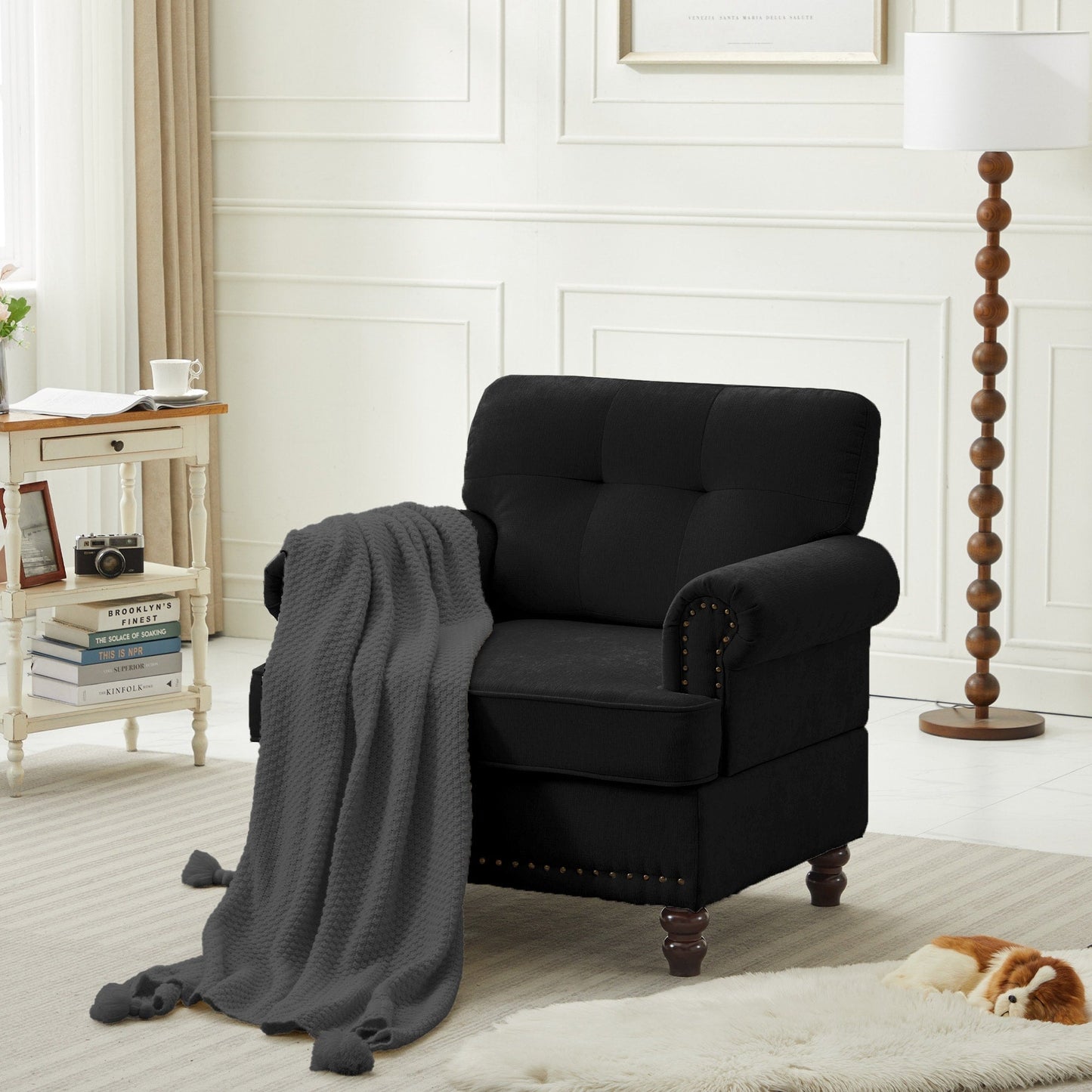 Set di 3 divani in ciniglia per soggiorno, rivestimento con bottoni e borchie, gambe in legno massello di gomma