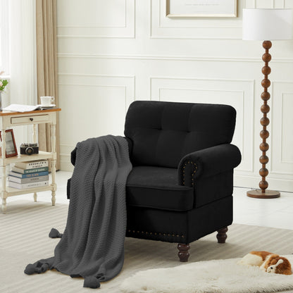 Set di 3 divani in ciniglia per soggiorno, rivestimento con bottoni e borchie, gambe in legno massello di gomma