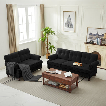 Set di 3 divani in ciniglia per soggiorno, rivestimento con bottoni e borchie, gambe in legno massello di gomma