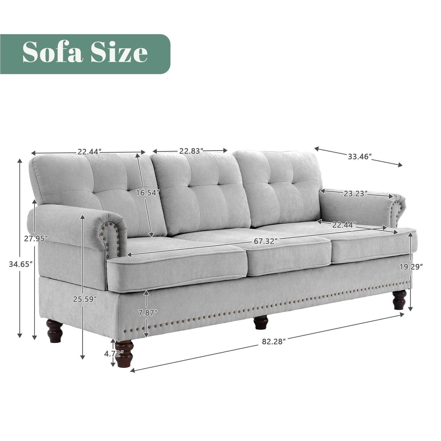 Set di 3 divani in ciniglia per soggiorno, rivestimento con bottoni e borchie, gambe in legno massello di gomma