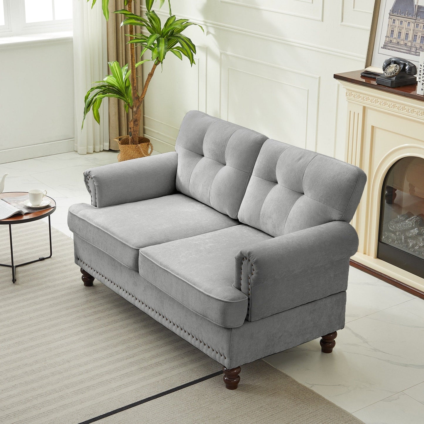 Set di 3 divani in ciniglia per soggiorno, rivestimento con bottoni e borchie, gambe in legno massello di gomma