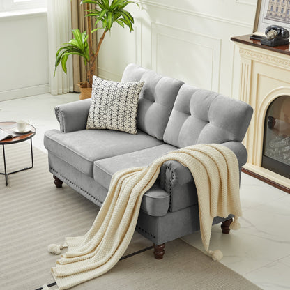 Set di 3 divani in ciniglia per soggiorno, rivestimento con bottoni e borchie, gambe in legno massello di gomma