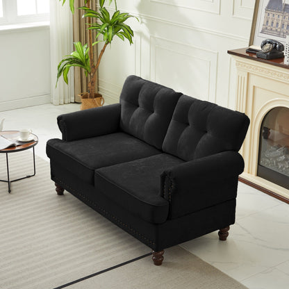 Set di 3 divani in ciniglia per soggiorno, rivestimento con bottoni e borchie, gambe in legno massello di gomma