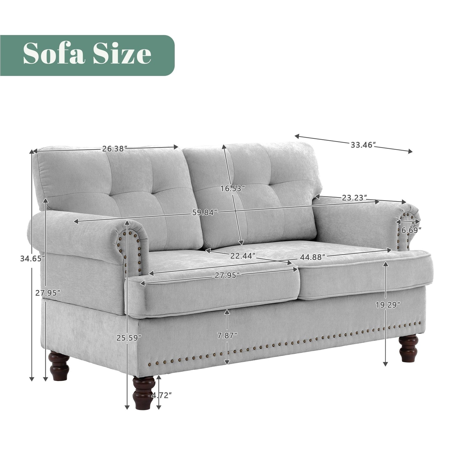 Set di 3 divani in ciniglia per soggiorno, rivestimento con bottoni e borchie, gambe in legno massello di gomma