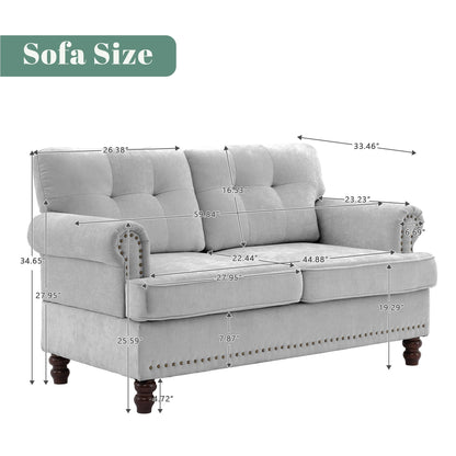 Set di 3 divani in ciniglia per soggiorno, rivestimento con bottoni e borchie, gambe in legno massello di gomma