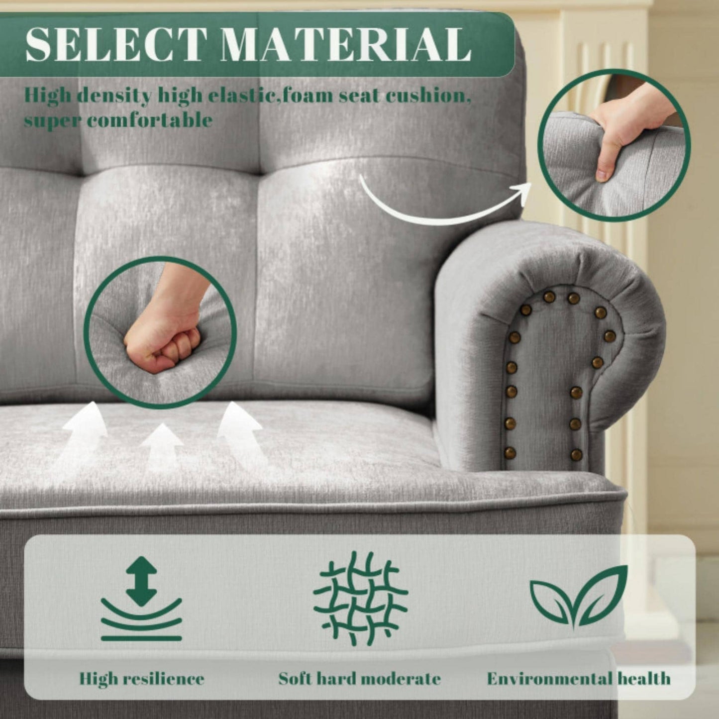 Set di 3 divani in ciniglia per soggiorno, rivestimento con bottoni e borchie, gambe in legno massello di gomma