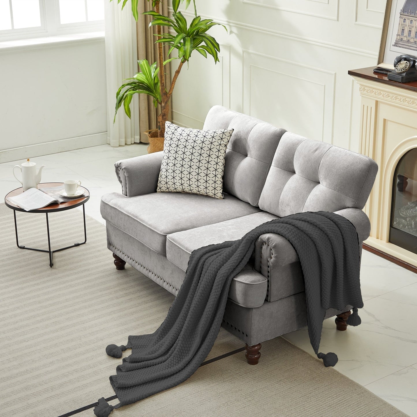 Set di 3 divani in ciniglia per soggiorno, rivestimento con bottoni e borchie, gambe in legno massello di gomma