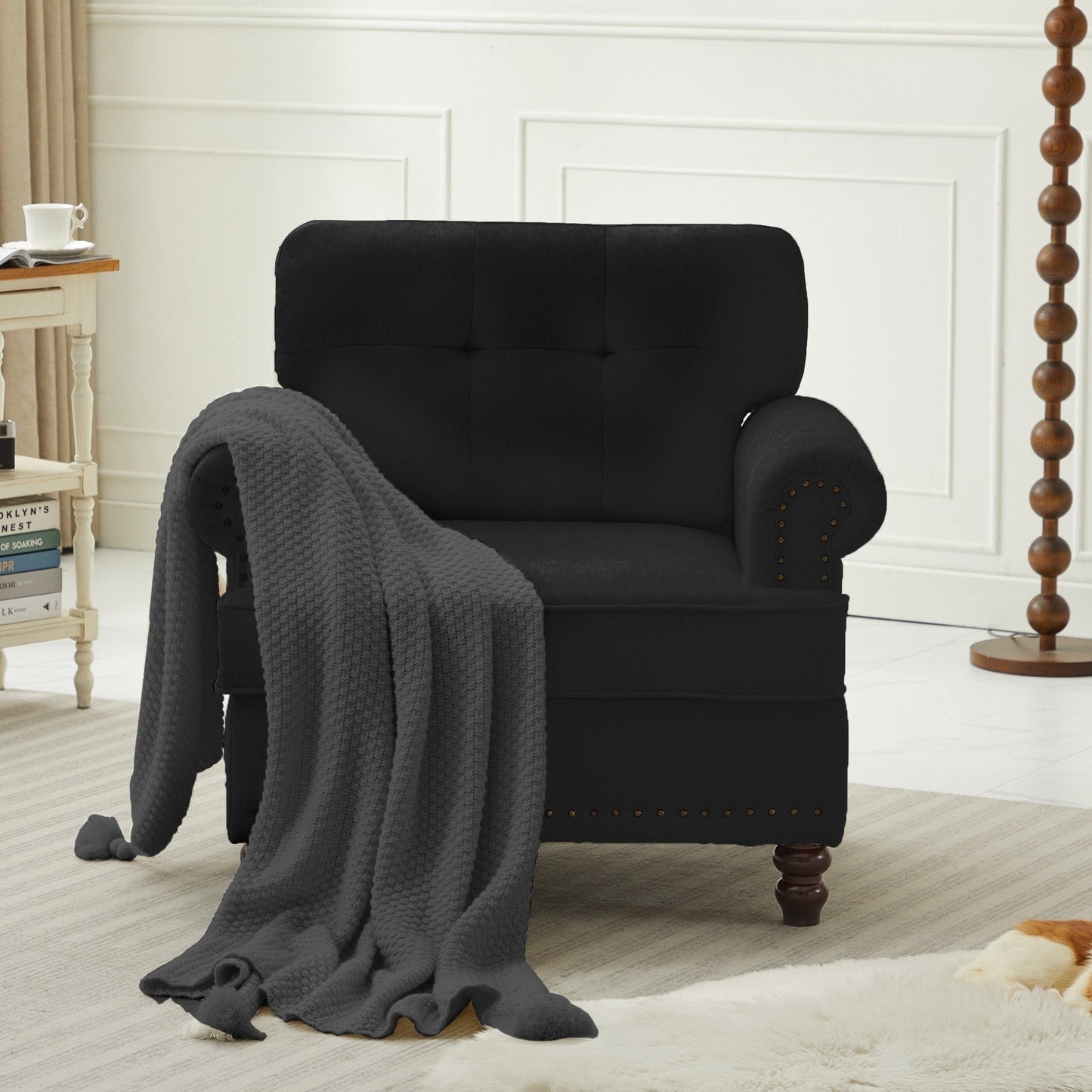 Set di 3 divani in ciniglia per soggiorno, rivestimento con bottoni e borchie, gambe in legno massello di gomma