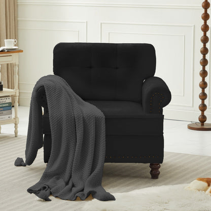 Set di 3 divani in ciniglia per soggiorno, rivestimento con bottoni e borchie, gambe in legno massello di gomma