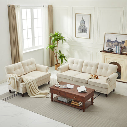 Set di 3 divani in ciniglia per soggiorno, rivestimento con bottoni e borchie, gambe in legno massello di gomma