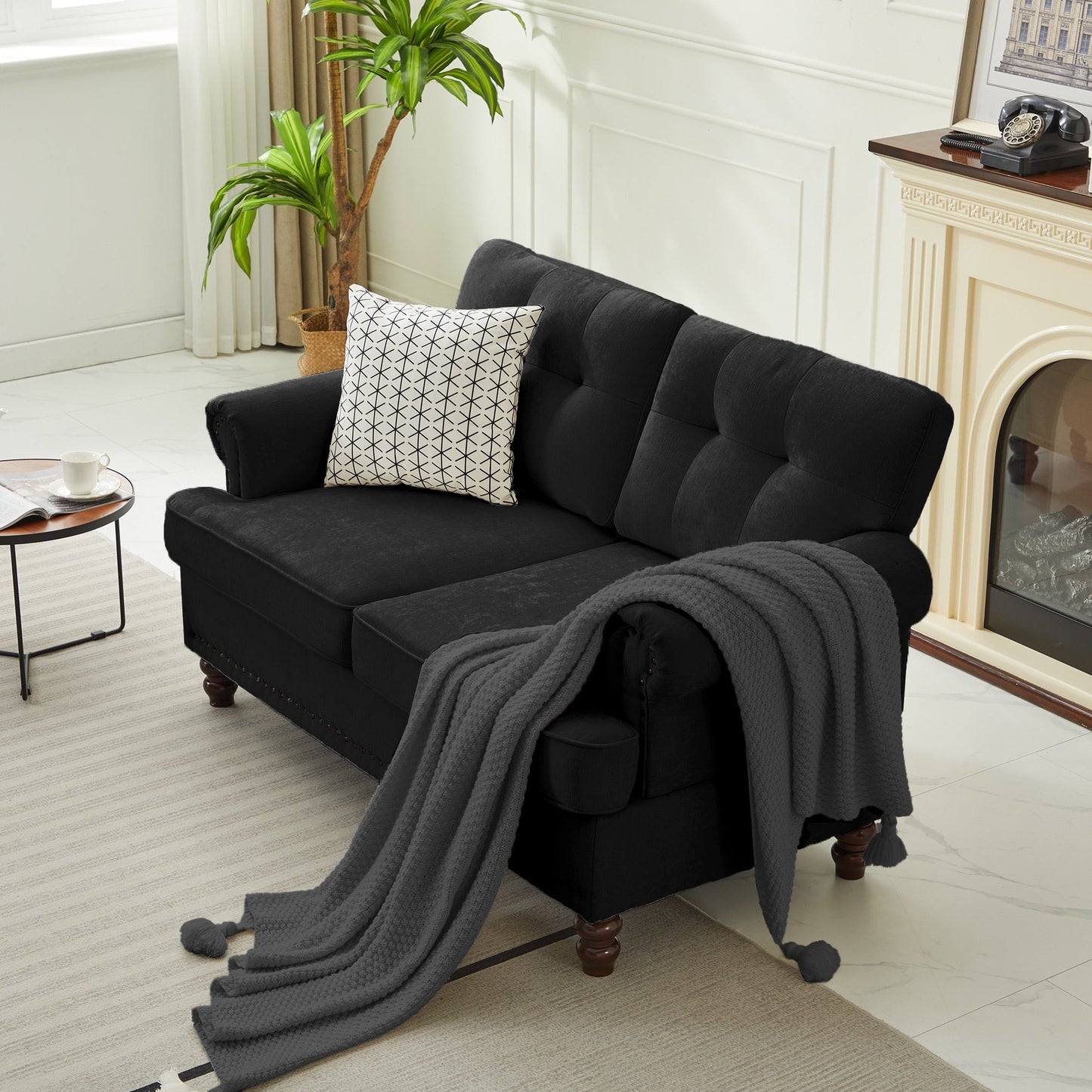 Set di 3 divani in ciniglia per soggiorno, rivestimento con bottoni e borchie, gambe in legno massello di gomma