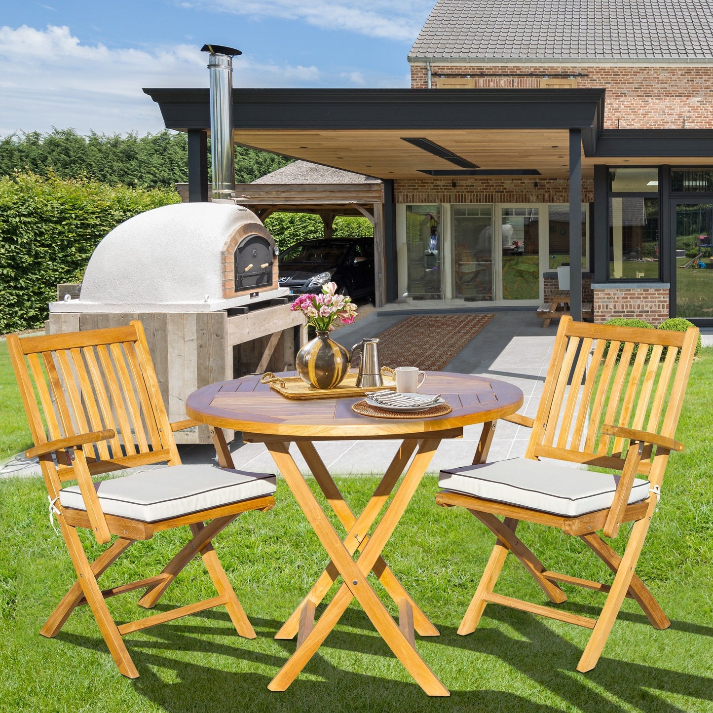 Seven Seas Teak, set da pranzo da bistrot per patio Long Beach in legno di teak, 3 pezzi, tavolo pieghevole rotondo da 36 pollici con 2 poltrone pieghevoli