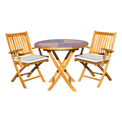 Seven Seas Teak, set da pranzo da bistrot per patio Long Beach in legno di teak, 3 pezzi, tavolo pieghevole rotondo da 36 pollici con 2 poltrone pieghevoli