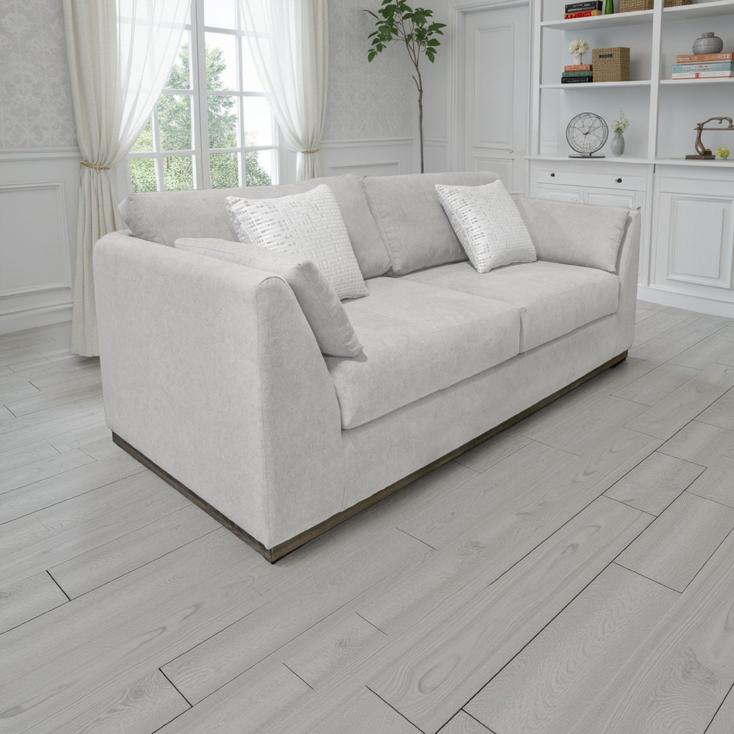 Divano Sian, poliestere beige, 2 cuscini decorativi, legno di pino massello, 90 pollici