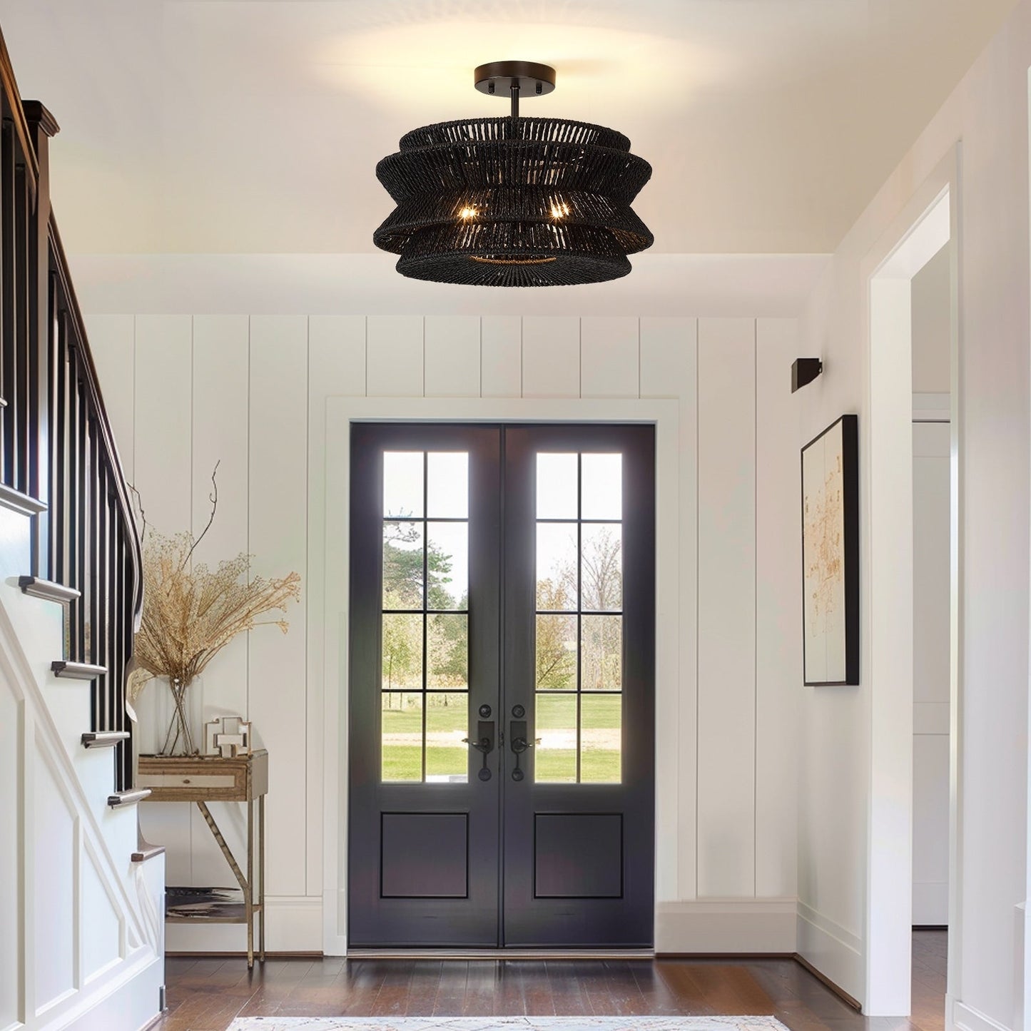 Lampada da soffitto semi-incassata Silvia a 2 luci in corda intrecciata boema - 16 pollici di larghezza