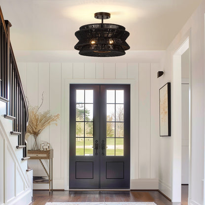 Lampada da soffitto semi-incassata Silvia a 2 luci in corda intrecciata boema - 16 pollici di larghezza