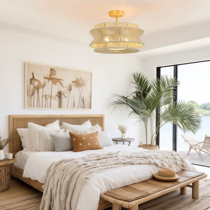 Lampada da soffitto semi-incassata Silvia a 2 luci in corda intrecciata boema - 16 pollici di larghezza