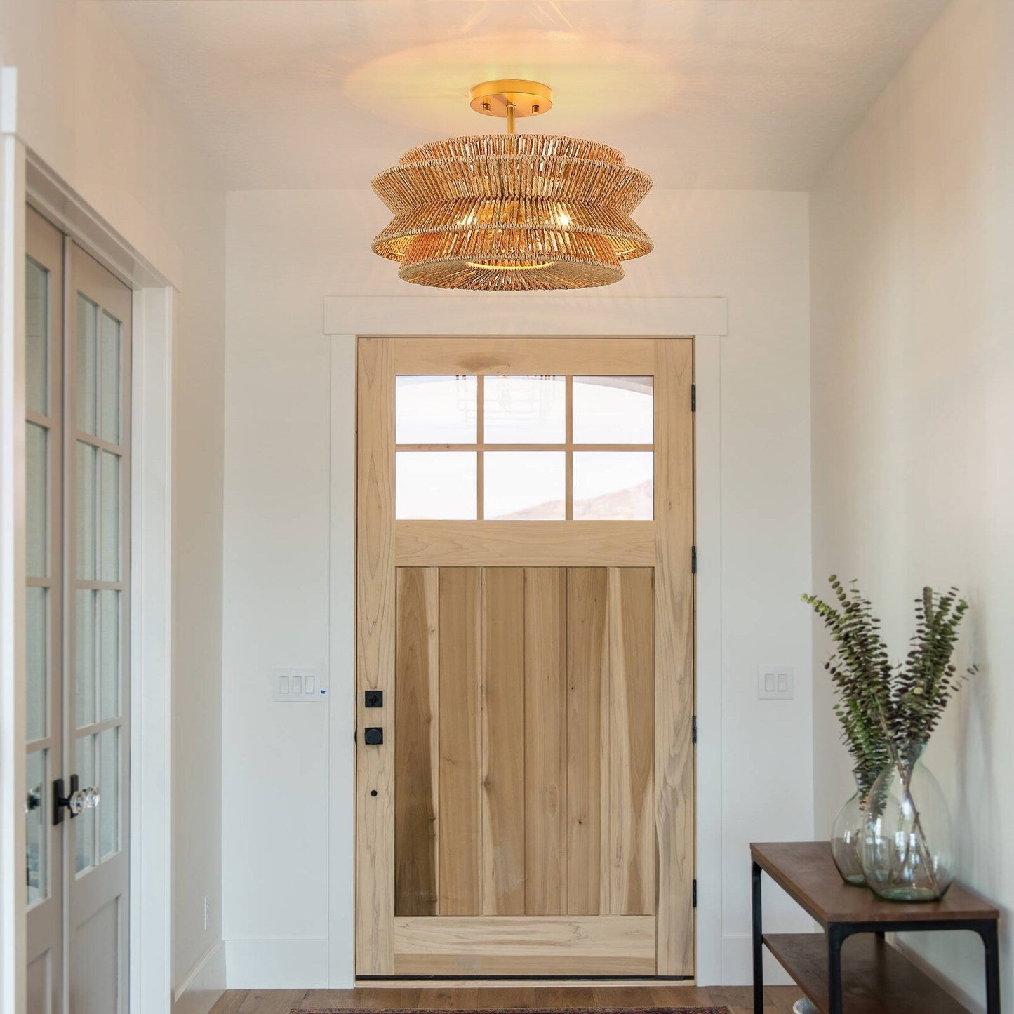 Lampada da soffitto semi-incassata Silvia a 2 luci in corda intrecciata boema - 16 pollici di larghezza