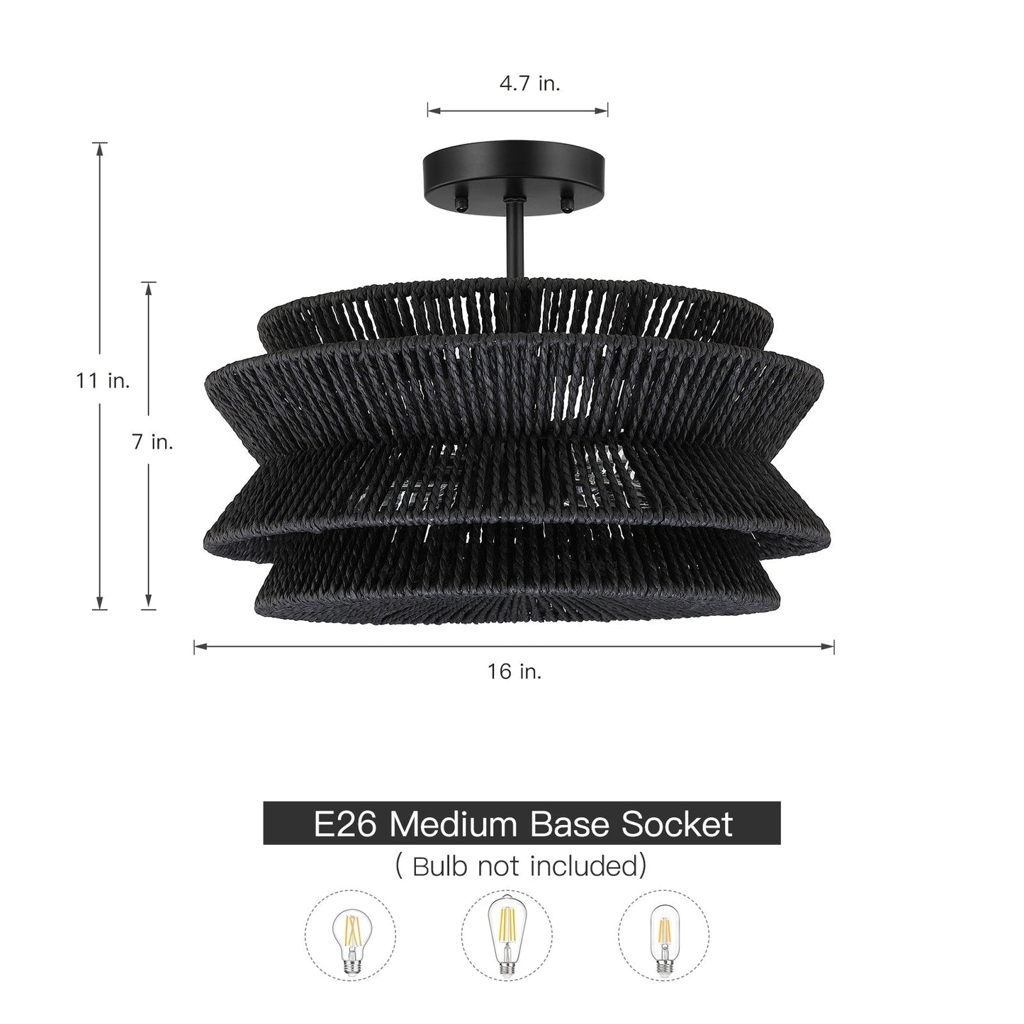 Lampada da soffitto semi-incassata Silvia a 2 luci in corda intrecciata boema - 16 pollici di larghezza