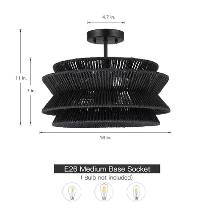 Lampada da soffitto semi-incassata Silvia a 2 luci in corda intrecciata boema - 16 pollici di larghezza