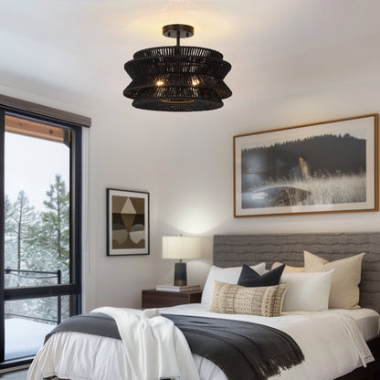 Lampada da soffitto semi-incassata Silvia a 2 luci in corda intrecciata boema - 16 pollici di larghezza