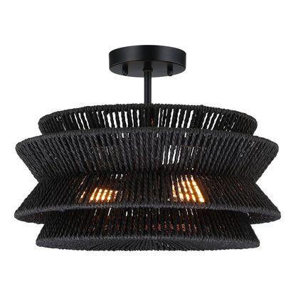 Lampada da soffitto semi-incassata Silvia a 2 luci in corda intrecciata boema - 16 pollici di larghezza