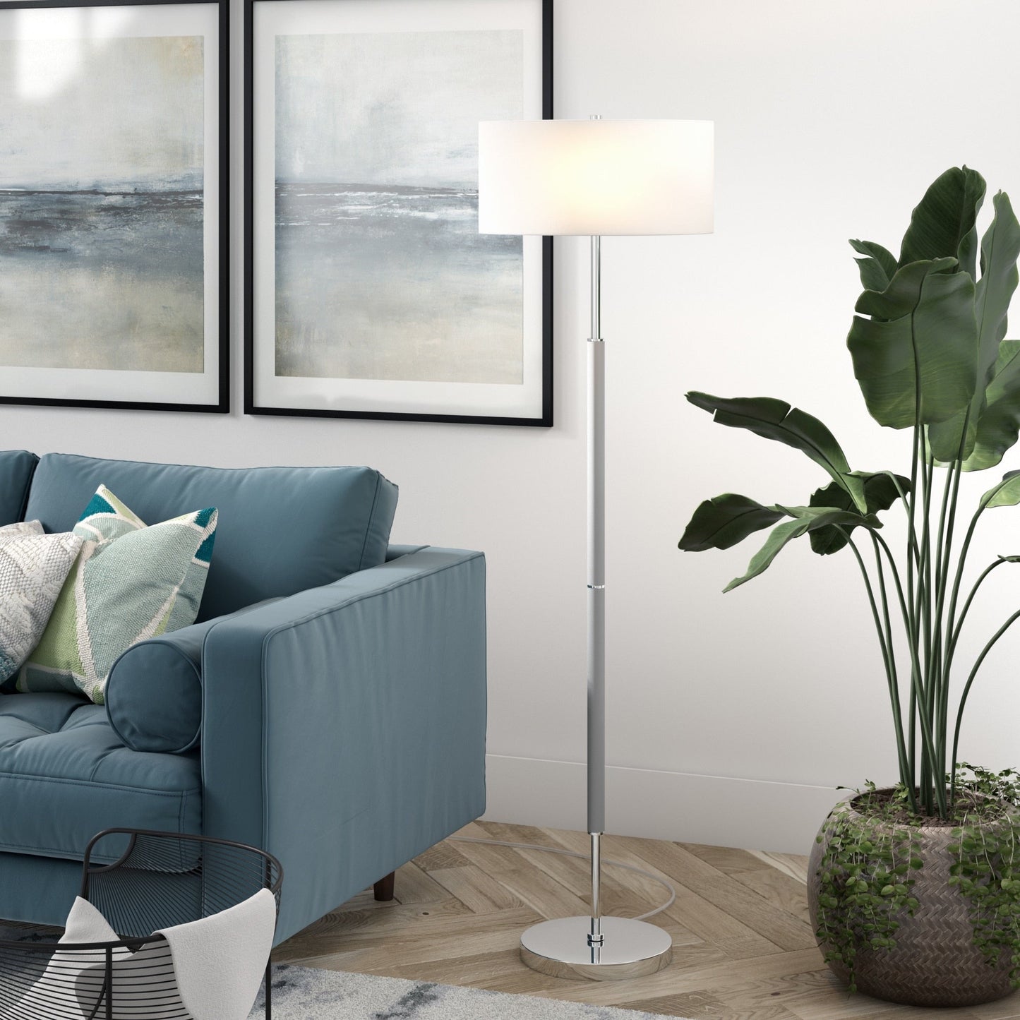 Lampada da terra Simone a 2 luci con paralume in tessuto