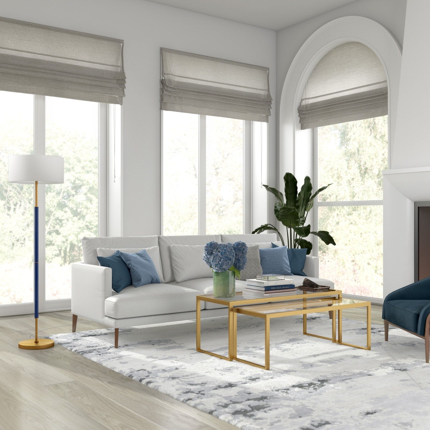 Lampada da terra Simone a 2 luci con paralume in tessuto