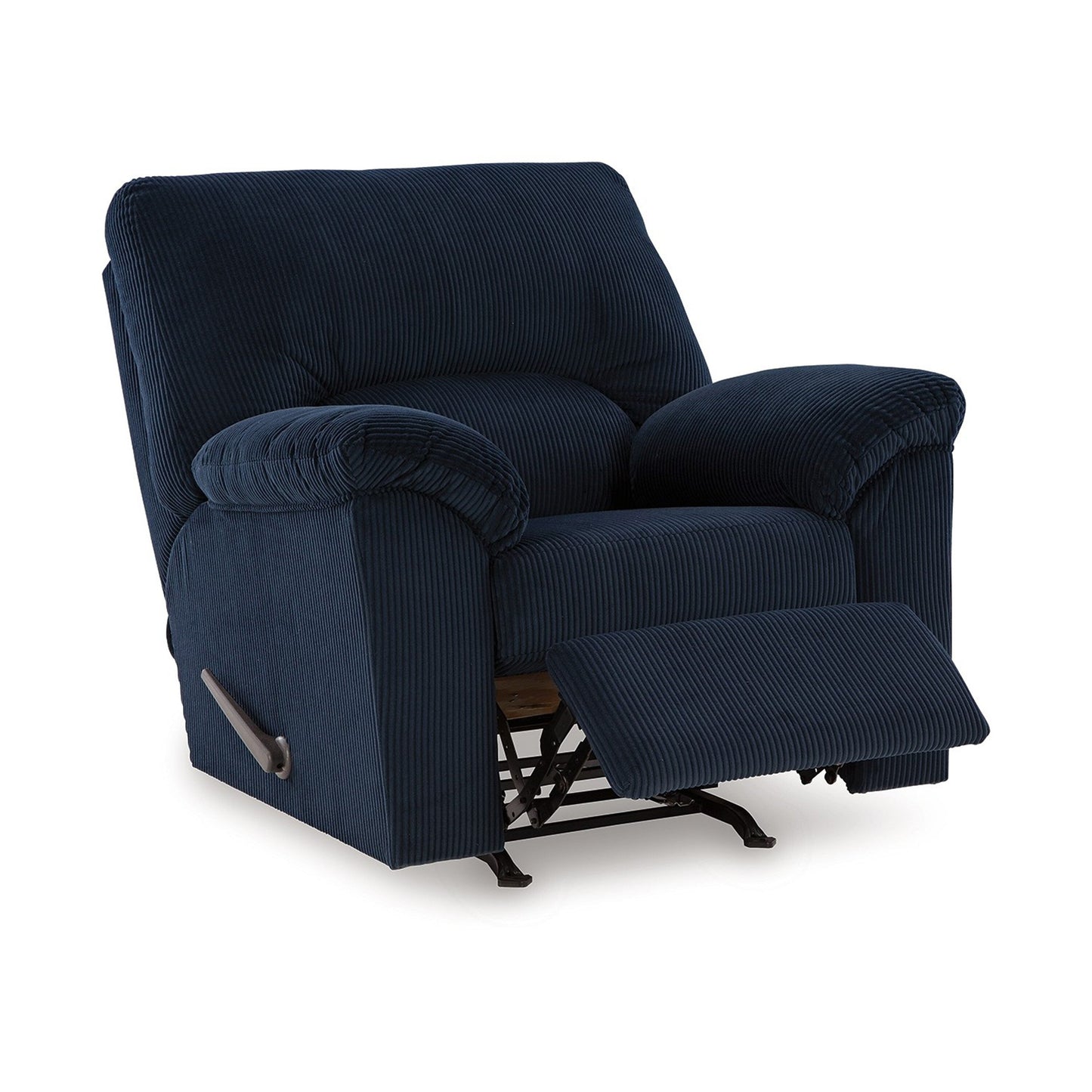 Poltrona reclinabile Simy Rocker, braccioli con cuscino, velluto a coste blu navy scuro