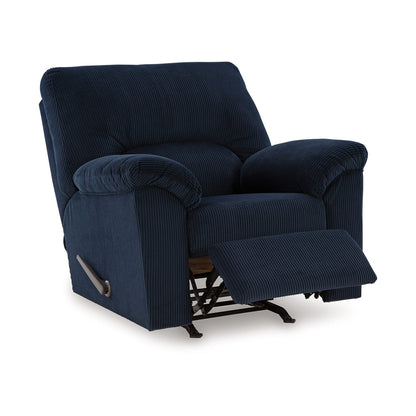 Poltrona reclinabile Simy Rocker, braccioli con cuscino, velluto a coste blu navy scuro