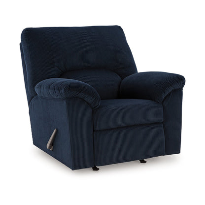 Poltrona reclinabile Simy Rocker, braccioli con cuscino, velluto a coste blu navy scuro