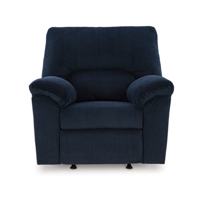 Poltrona reclinabile Simy Rocker, braccioli con cuscino, velluto a coste blu navy scuro