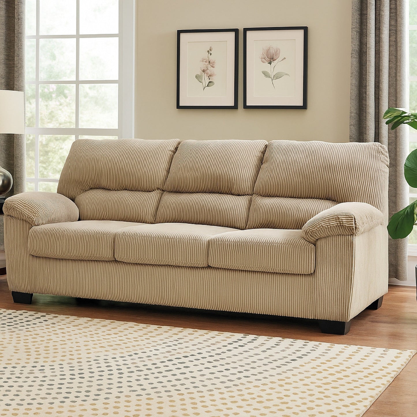 Divano Simy, 83 pollici, stile moderno, beige sabbia, poliestere, braccioli con cuscino superiore