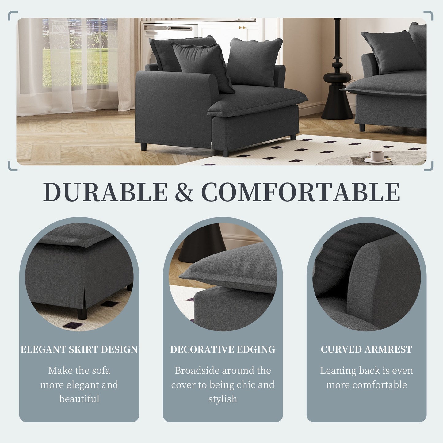 Modulo divano singolo per divano componibile, poltrona in ciniglia con seduta larga e cuscini, divano singolo imbottito