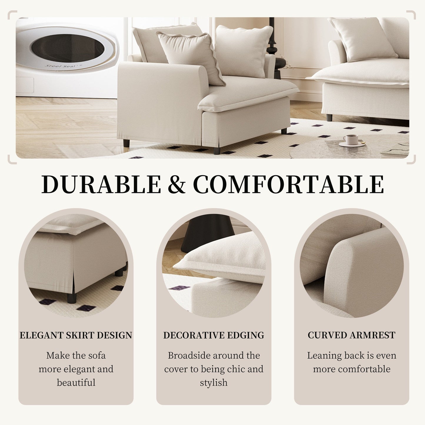 Modulo divano singolo per divano componibile, poltrona in ciniglia con seduta larga e cuscini, divano singolo imbottito