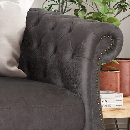 Divano Chesterfield Slate 84.75 imbottito con bottoni, 3 posti, borchie e gambe in legno per soggiorno