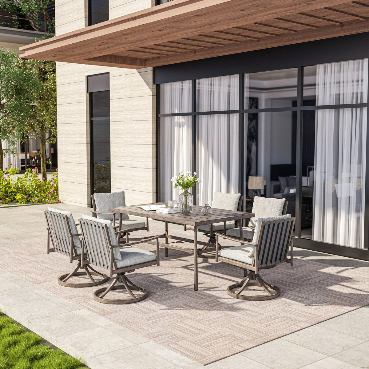 Set da pranzo per patio in alluminio SleekLine da 7 pezzi con schienale in fettuccia e cuscini rimovibili