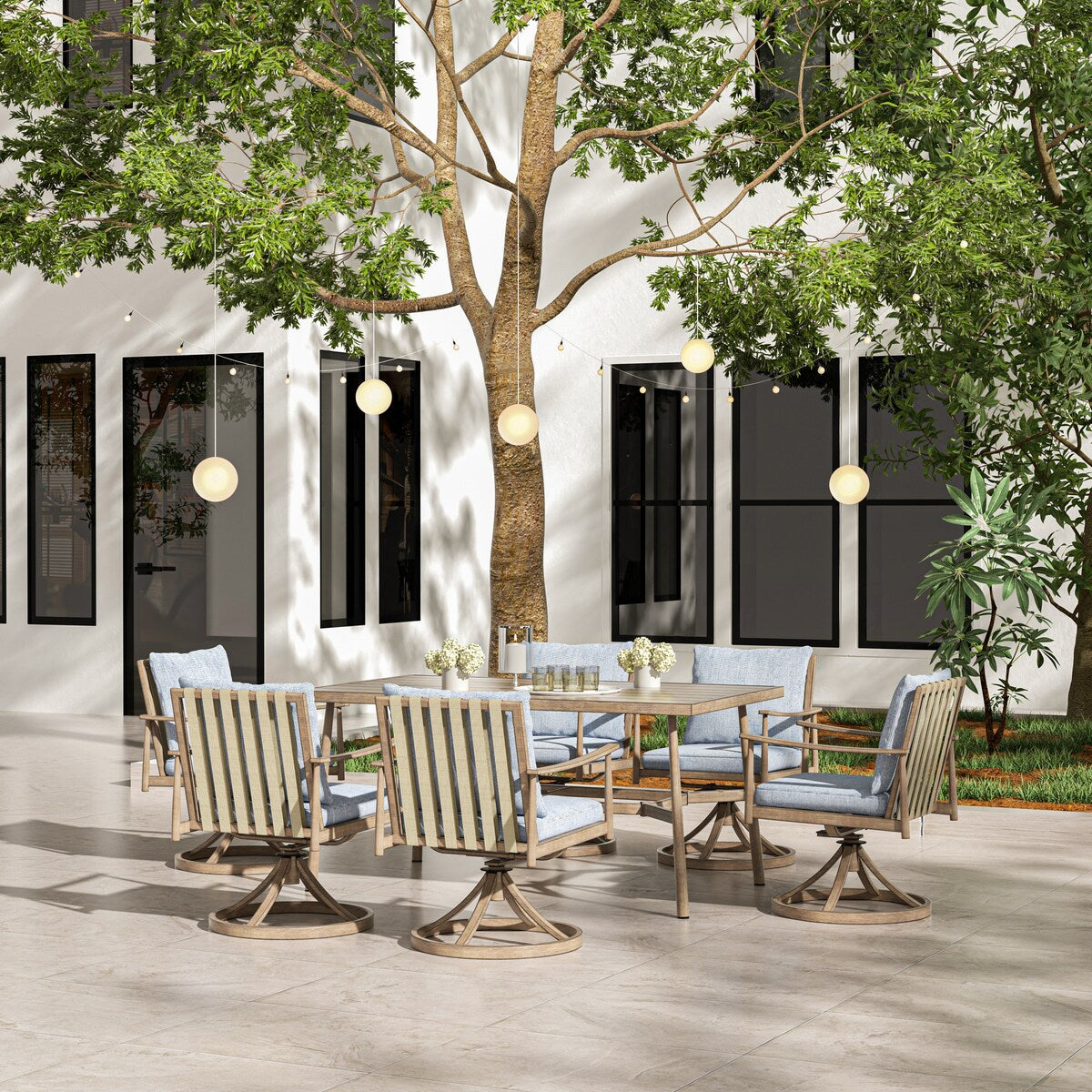 Set da pranzo per patio in alluminio SleekLine da 7 pezzi con schienale in fettuccia e cuscini rimovibili