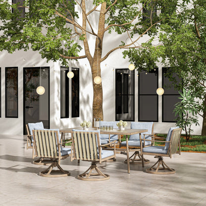 Set da pranzo per patio in alluminio SleekLine da 7 pezzi con schienale in fettuccia e cuscini rimovibili