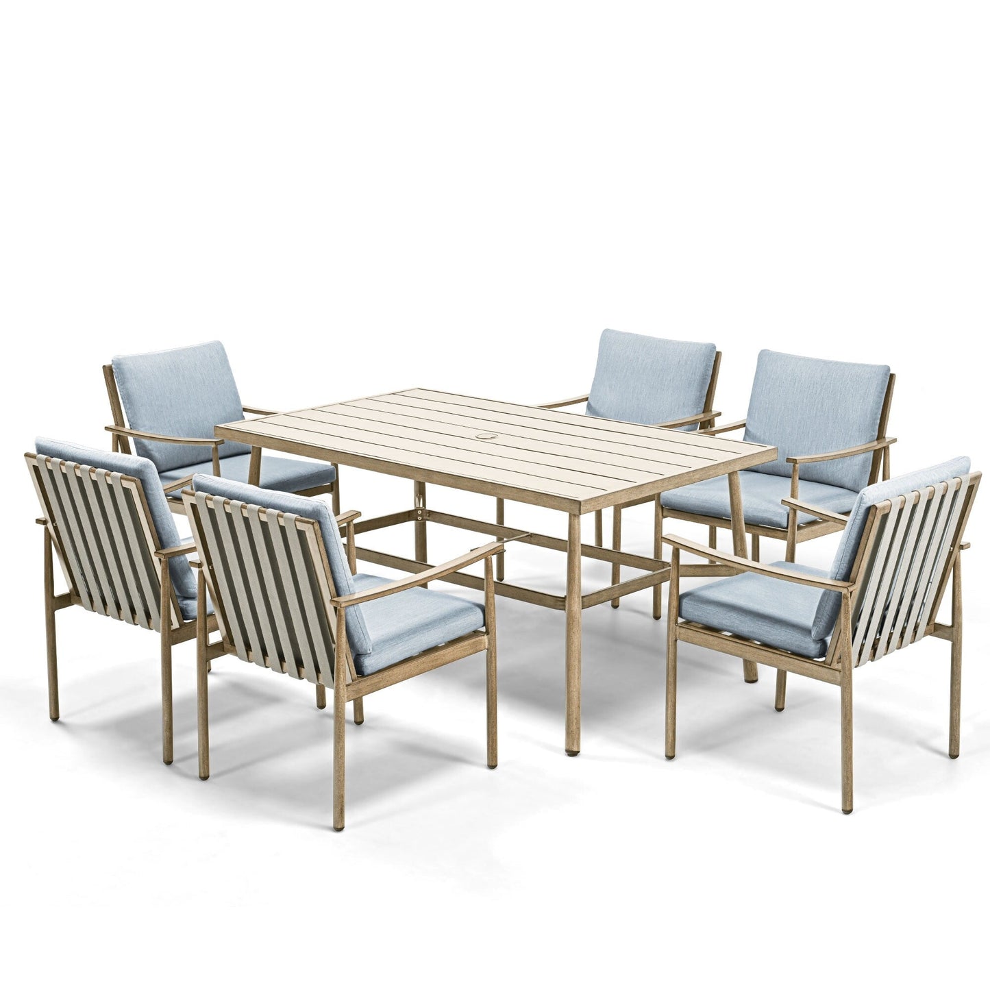 Set da pranzo per patio in alluminio SleekLine da 7 pezzi con schienale in fettuccia e cuscini rimovibili