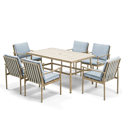 Set da pranzo per patio in alluminio SleekLine da 7 pezzi con schienale in fettuccia e cuscini rimovibili