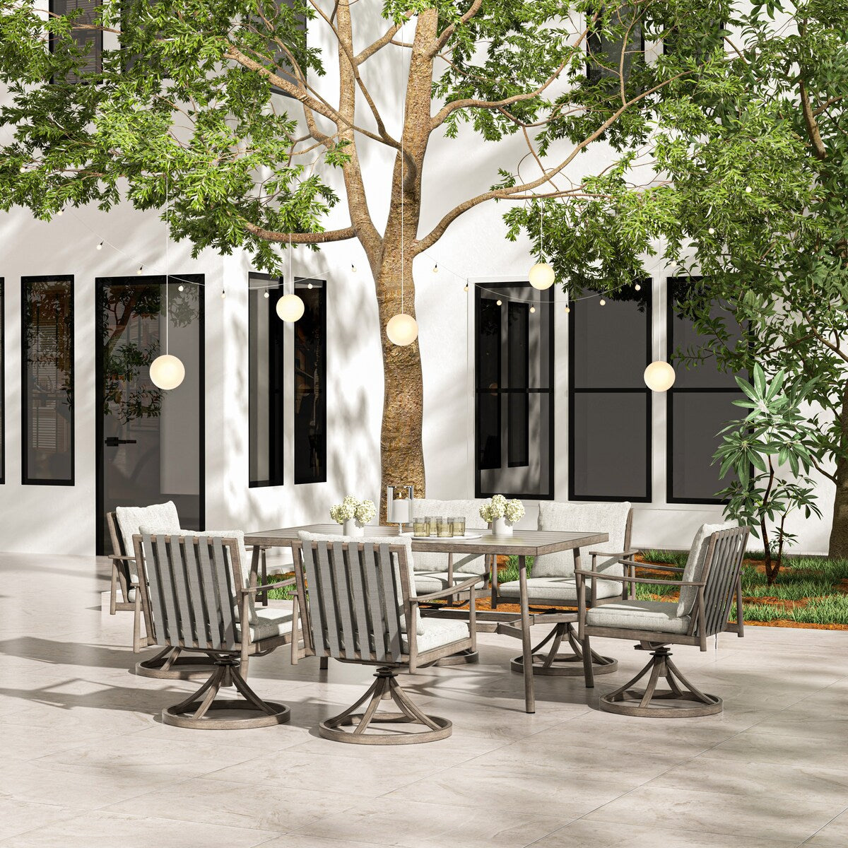 Set da pranzo per patio in alluminio SleekLine da 7 pezzi con schienale in fettuccia e cuscini rimovibili