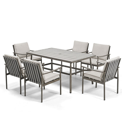 Set da pranzo per patio in alluminio SleekLine da 7 pezzi con schienale in fettuccia e cuscini rimovibili