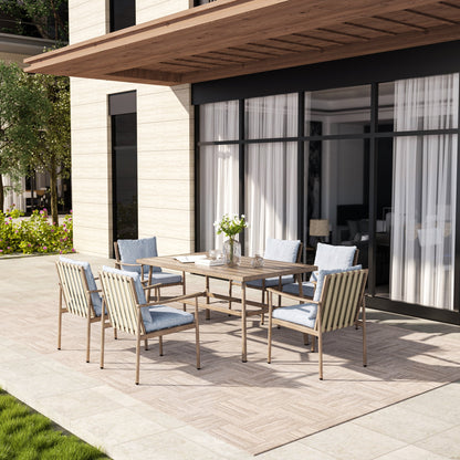 Set da pranzo per patio in alluminio SleekLine da 7 pezzi con schienale in fettuccia e cuscini rimovibili