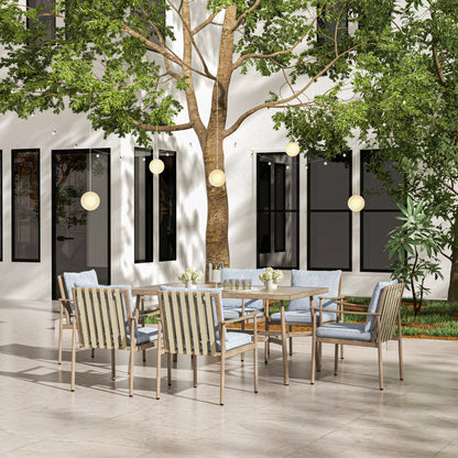 Set da pranzo per patio in alluminio SleekLine da 7 pezzi con schienale in fettuccia e cuscini rimovibili