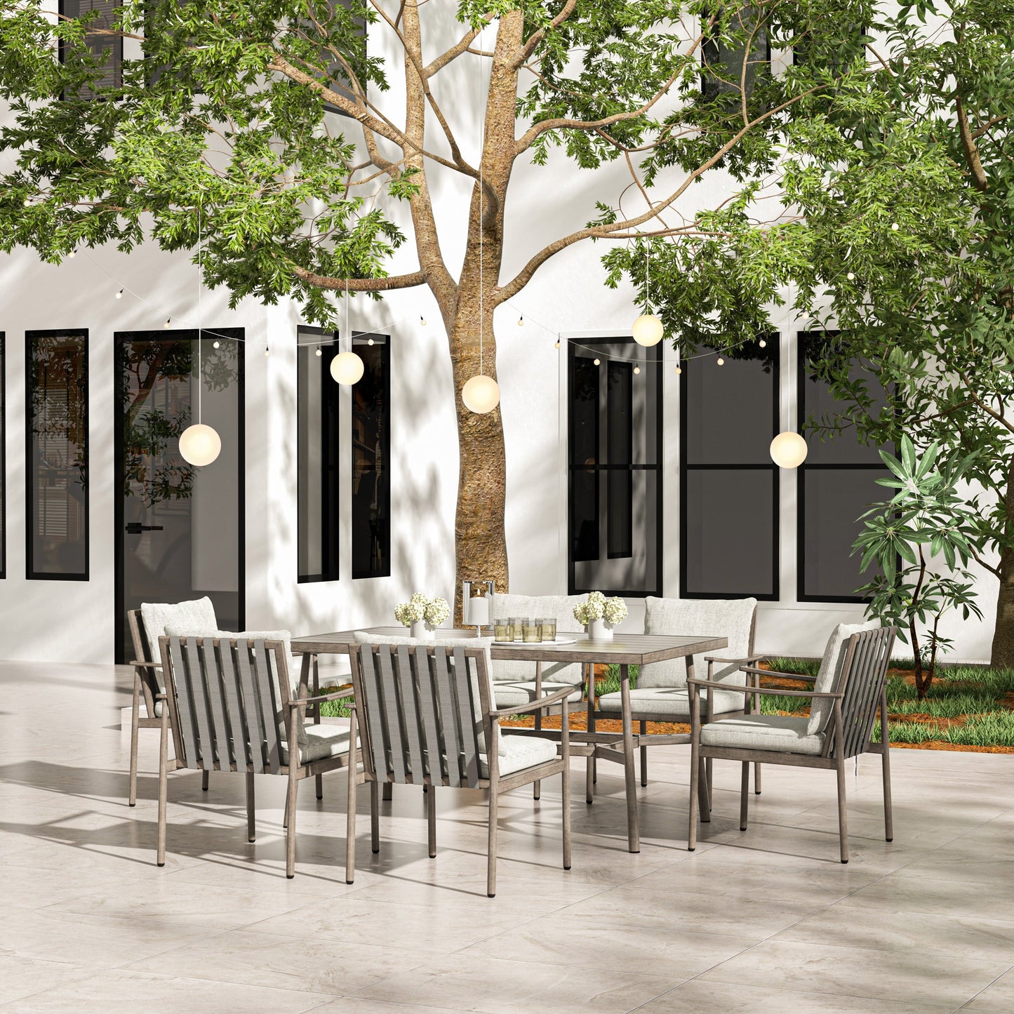 Set da pranzo per patio in alluminio SleekLine da 7 pezzi con schienale in fettuccia e cuscini rimovibili