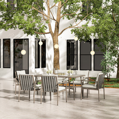 Set da pranzo per patio in alluminio SleekLine da 7 pezzi con schienale in fettuccia e cuscini rimovibili