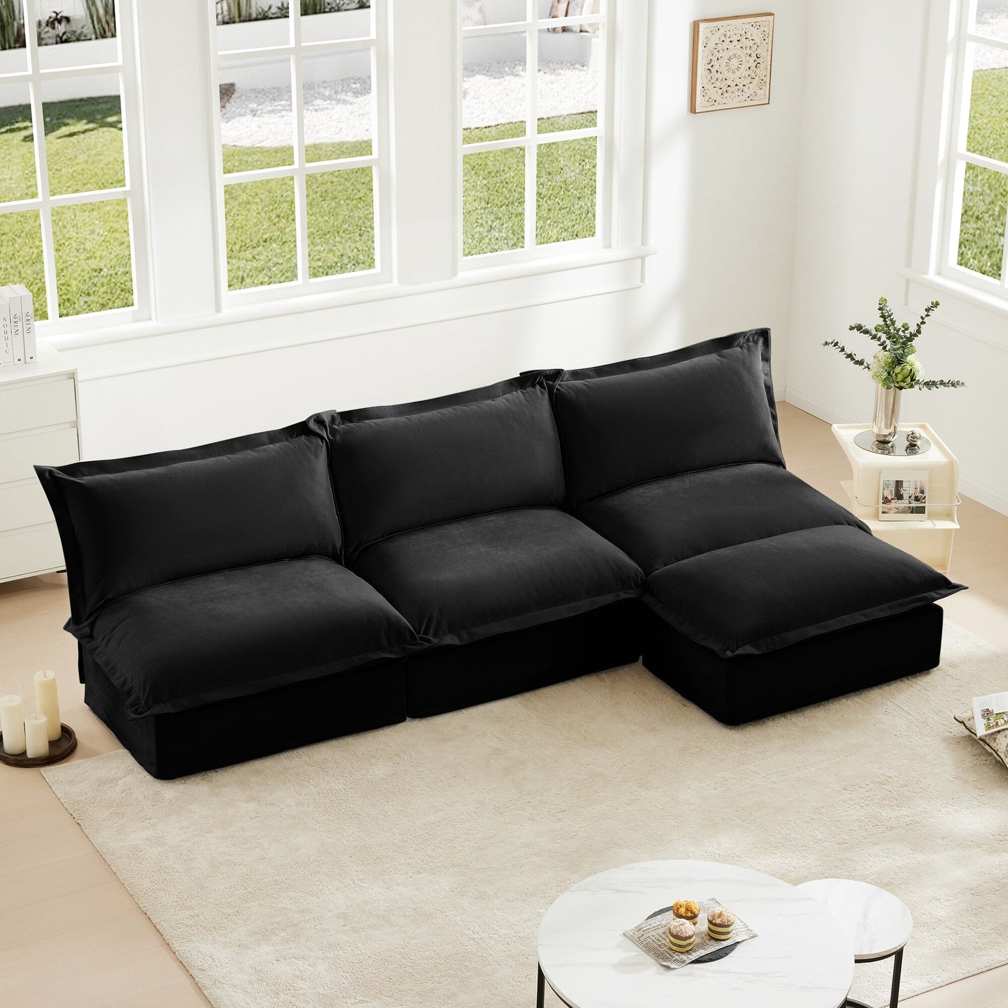 Divano componibile modulare moderno imbottito senza braccioli a 3 posti con fodera e pouf reversibile